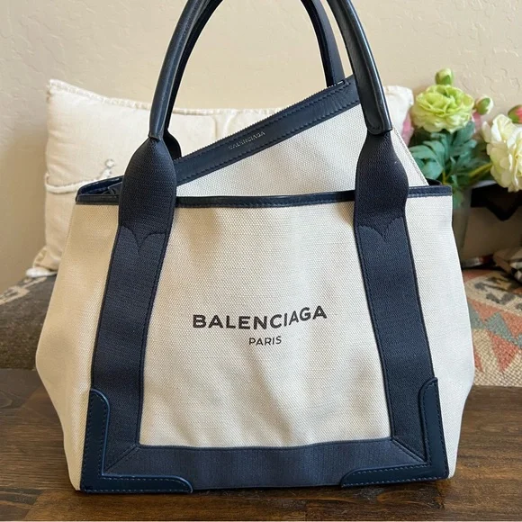 Balenciaga $1,200 Cabas Canvas Navy Leather Trim Tote Bag